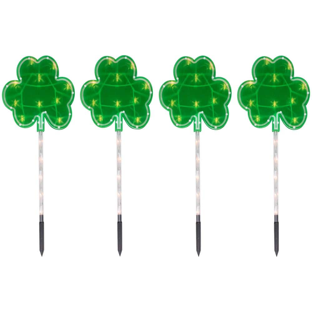 Green St Patrick’s Day Shamrock Pathway Marker Lawn Stakes, Clear Lights (4-Count) - Hercitys