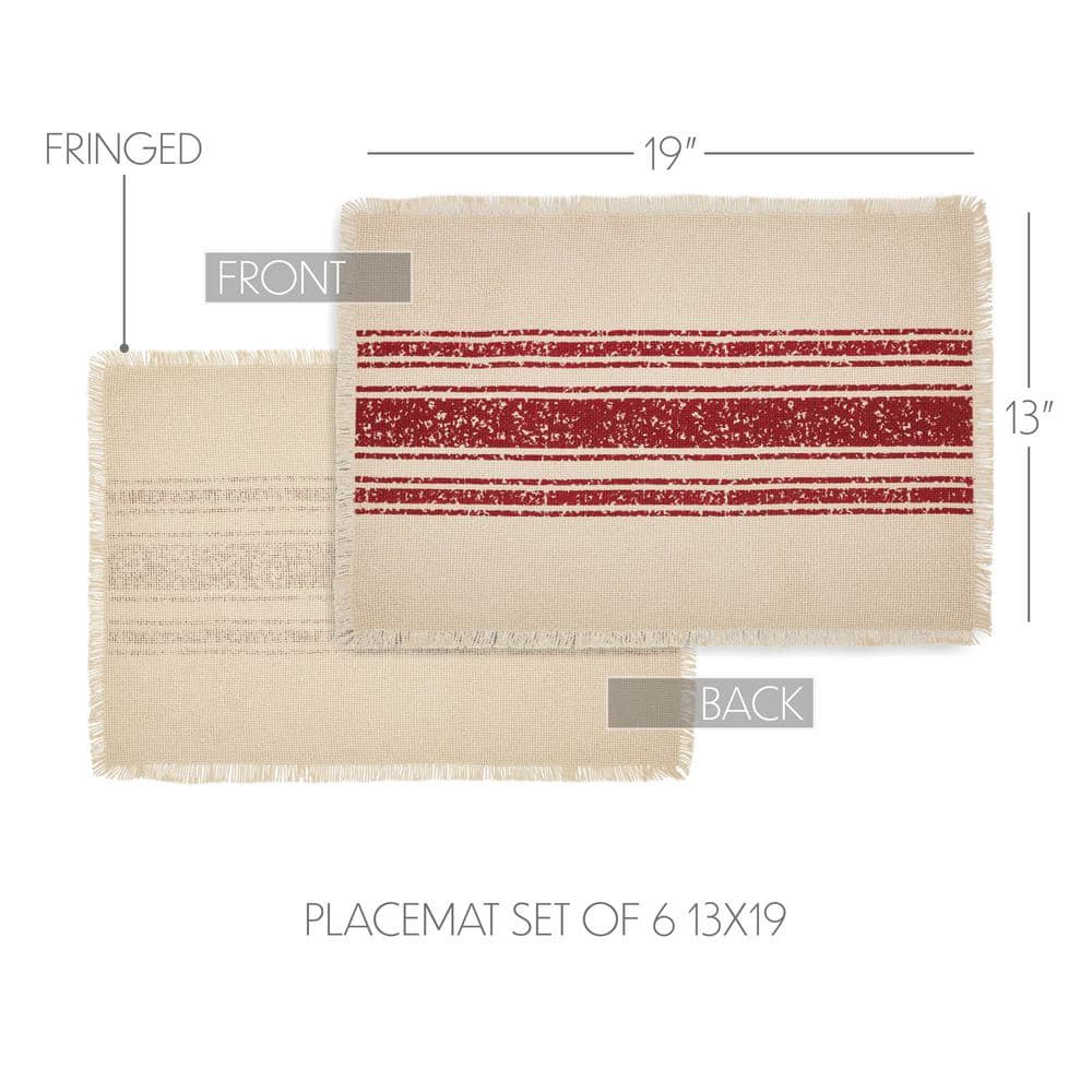 Yuletide 19 in. W. x 13 in. H Creme Red Striped Cotton Burlap Placemat Set of 6 - Hercitys
