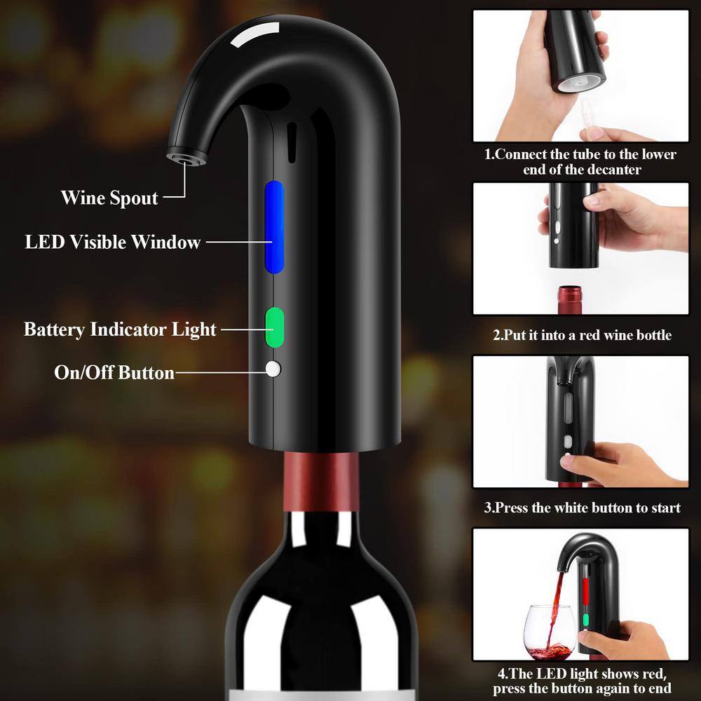 Black Electric Wine Bottle Opener Set with Wine Decanter, Aerator and Pourer, Stopper, Foil Cutter and Storage Bag - Hercitys