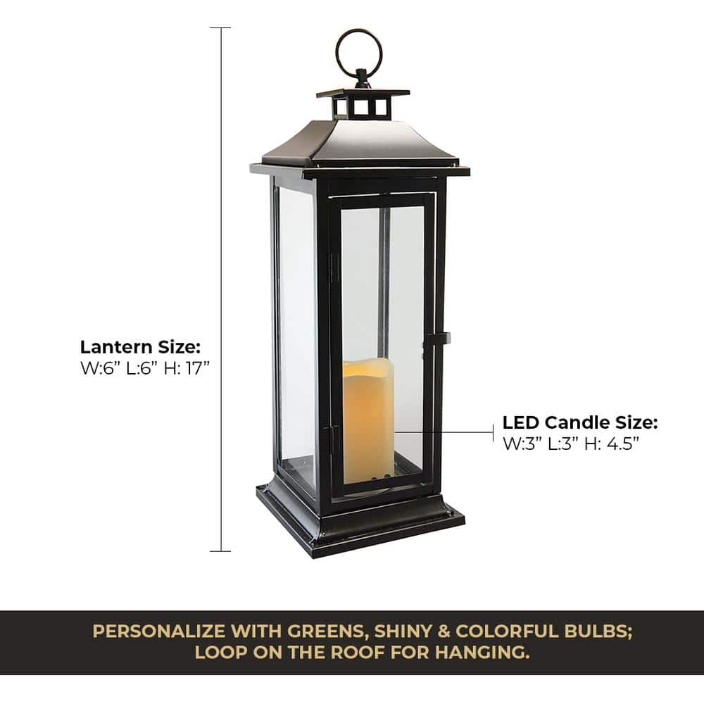 6 in. x 17 in. Black Traditional Metal Lantern with LED Candle - Hercitys