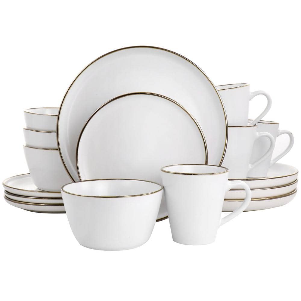 Arthur 16-Piece Stoneware Dinnerware Set in Matte White with Gold Rim - Hercitys