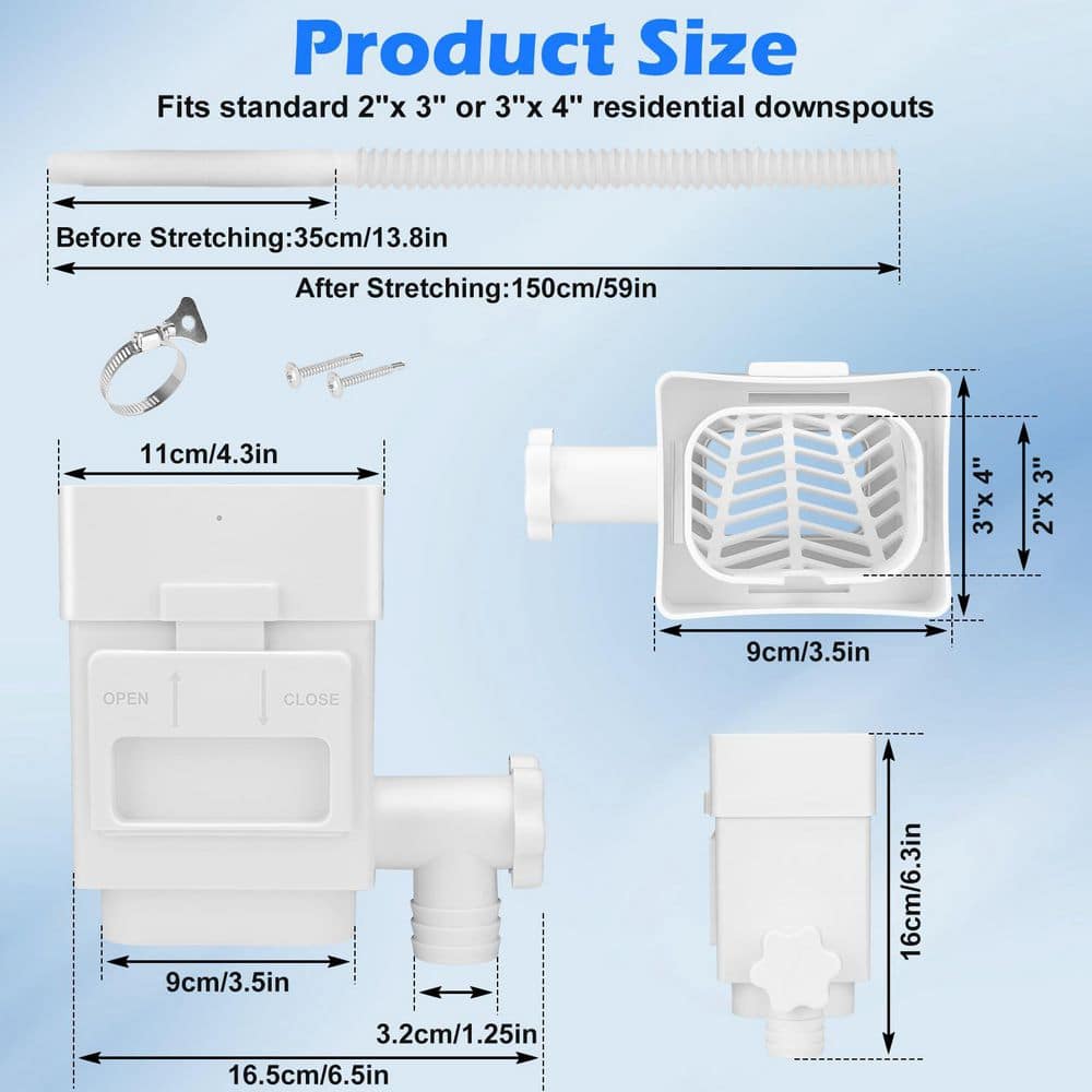 White Rain Barrel Diverter Kit with Adjustable Valve, Gutter Filter and 5 ft. Hose for 2″ x 3″ or 3″ x 4″ Residential - Hercitys