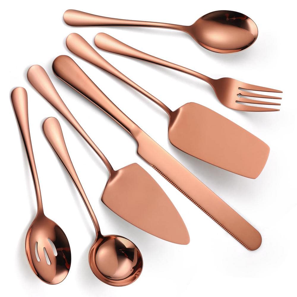 7-Piece Rose Gold Stainless Steel Flatware Serving Set Catering Utensil Include Soup Ladle Slotted Spoon and Server Fork - Hercitys