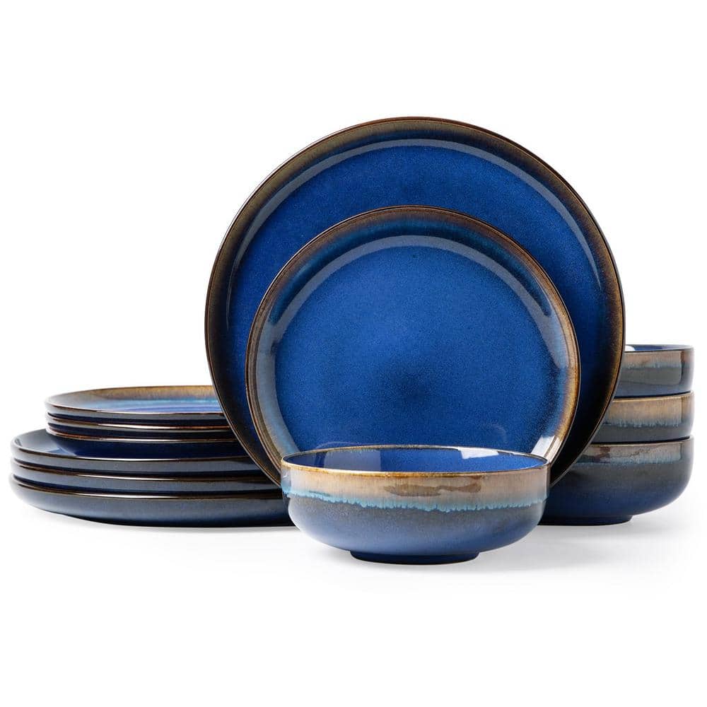 Starry Blue Ceramic Plates and Bowls Microwave and Dishwasher Safe (Set of 12) - Hercitys