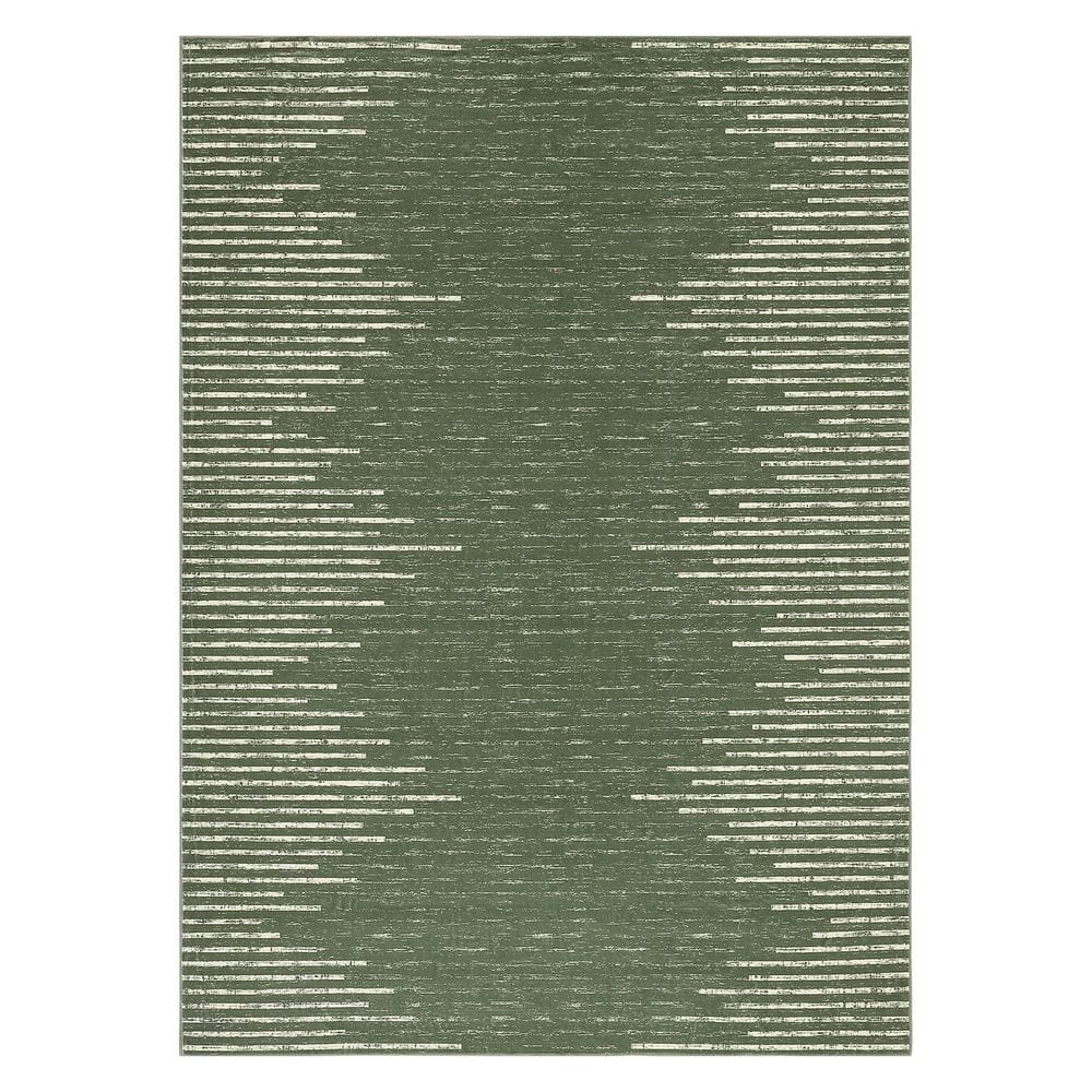 Washable Dark Green 9 ft. x 12 ft. Modern Striped Printed Rug Low Pile Soft Thin Carpet Stain Resistant Nonslip Area Rug - Hercitys