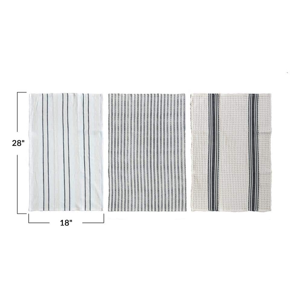 White and Black Stripes Eclectic Cotton Slub Weave Kitchen Towel (Set of 3) - Hercitys