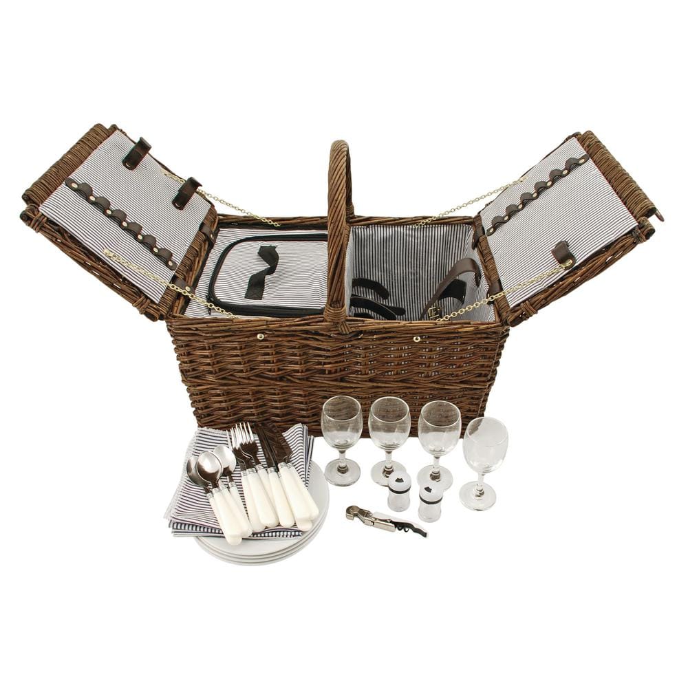 Cape Cod Picnic Basket, Place Settings, Wine Glasses, Corkscrew, Insulated Compartments - Hercitys