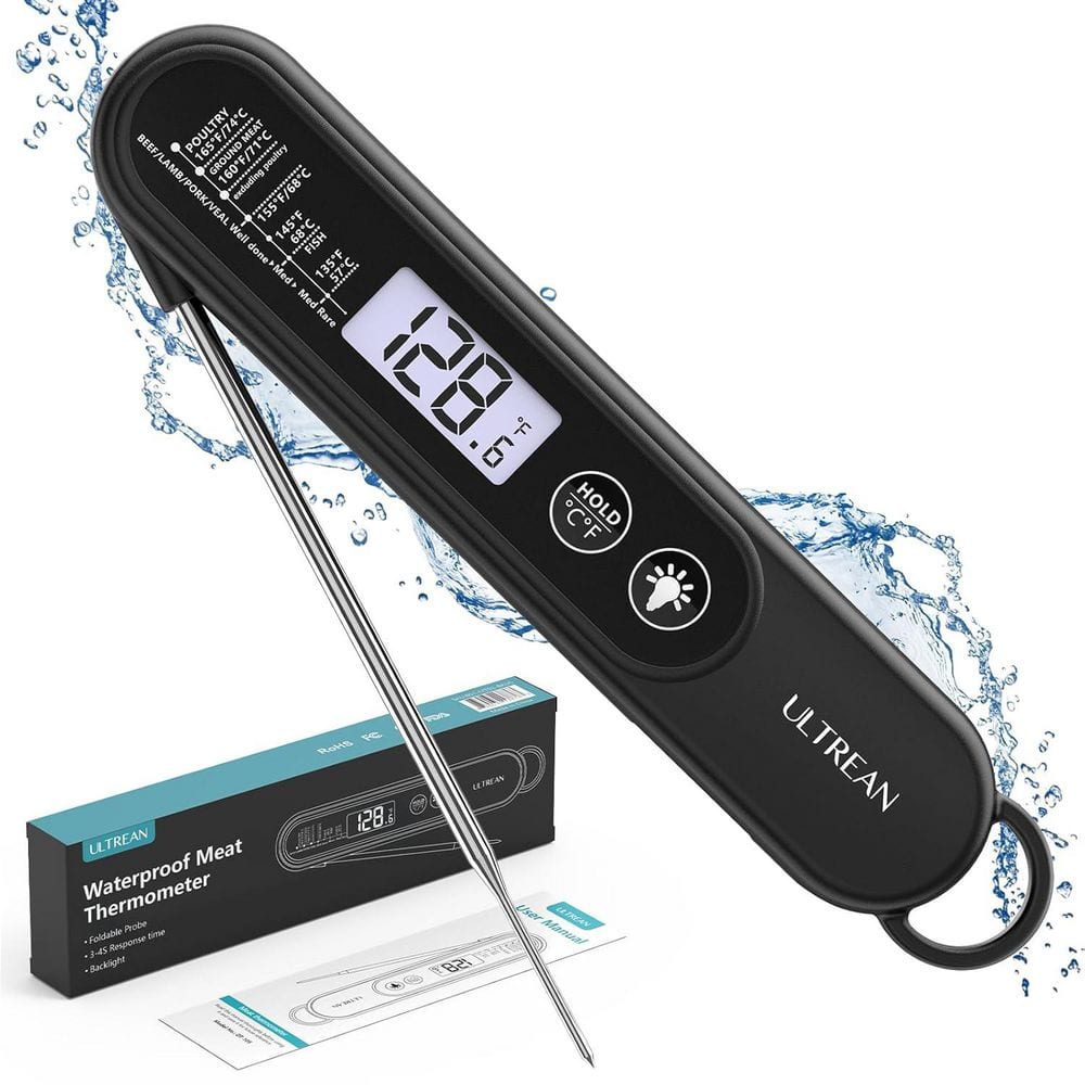 Digital Meat Thermometer in Black, Instant Read, Waterproof, Cooking, Grill, Food, Candy Thermometer with Magnetic Back - Hercitys