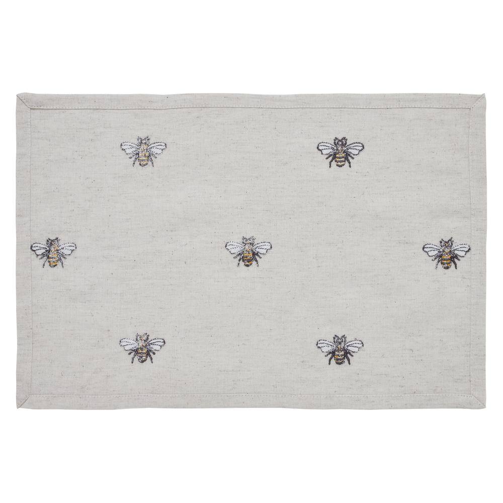 Embroidered Bee 12 in. W x 18 in. L Beige/Cream Yellow Grey Cotton Linen Placemat (Set of 6) - Hercitys