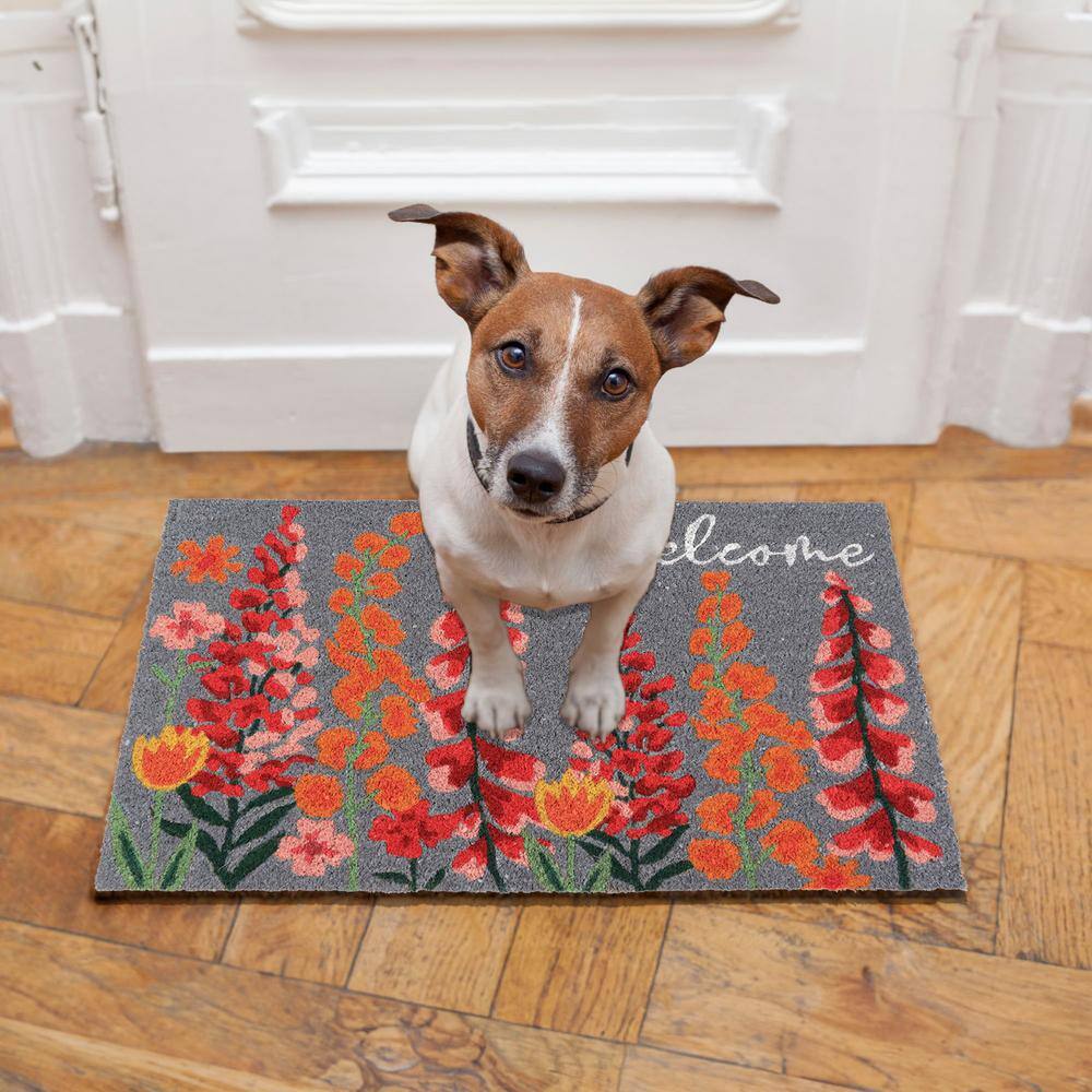 Floral Welcome Gray 18 in. x 30 in. Sheltered or Indoor Coconut Door Mat - Hercitys