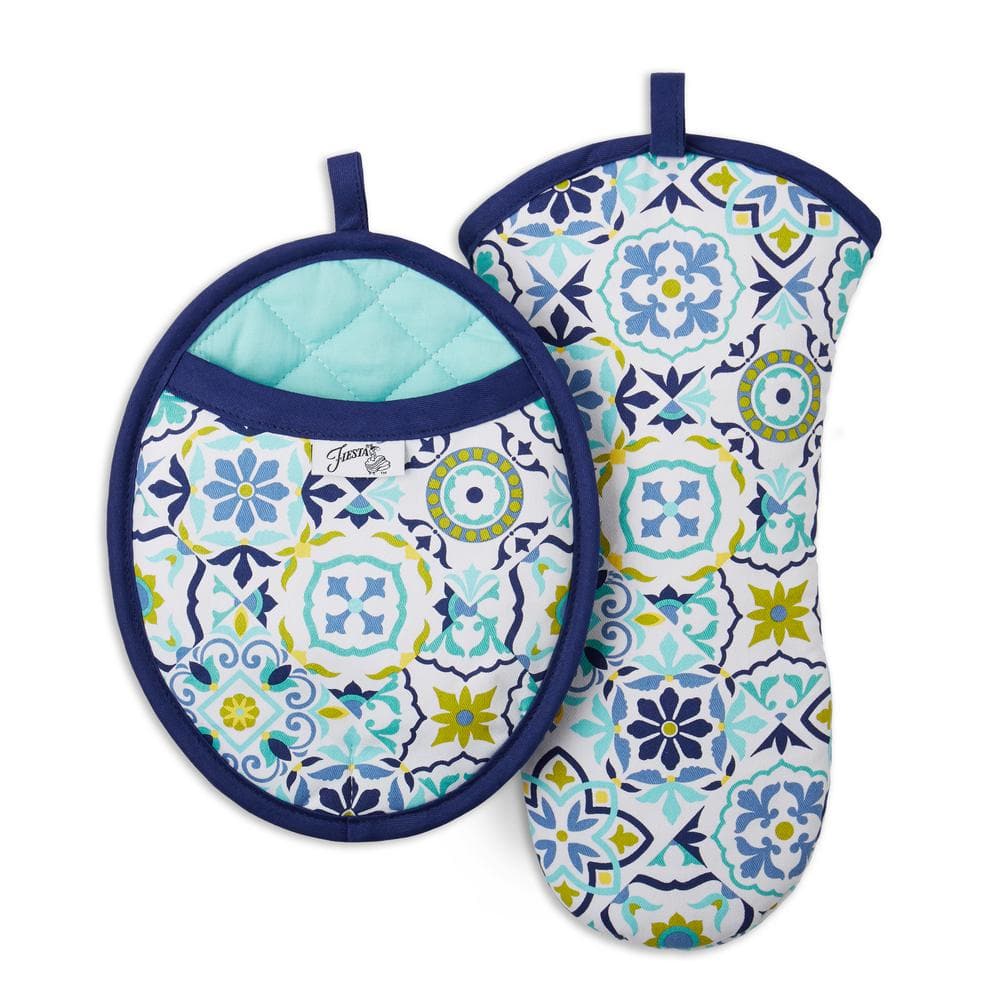 Worn Tiles Cotton Blue Multicolor Oven Mitt and Pot Holder Set (2-Pack) - Hercitys