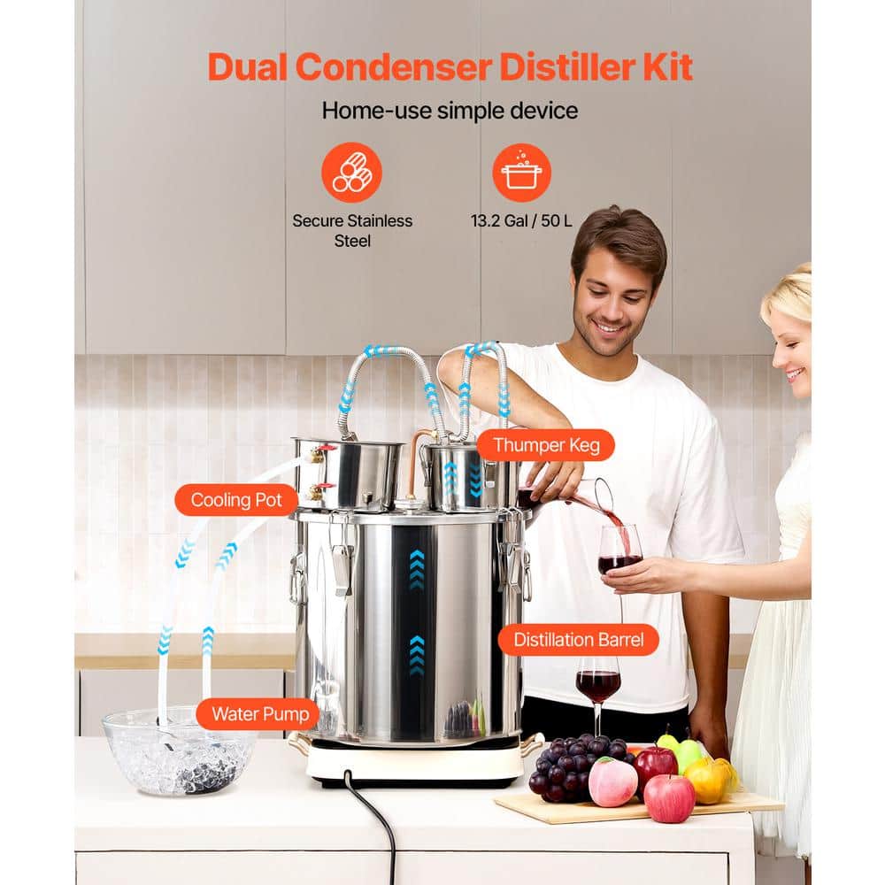 Alcohol Still, 13.2 gal./50 L Stainless Steel Water Alcohol Distiller, Dual Condenser Distiller Kit, Silver - Hercitys