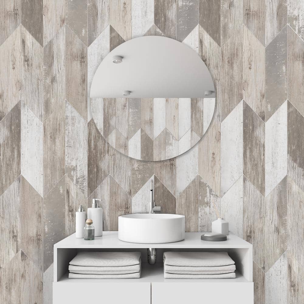 Painted Wood Beige Chevron 6 in. x 24 in. Porcelain Floor and Wall Tile (4.08 sq. ft./Case) - Hercitys