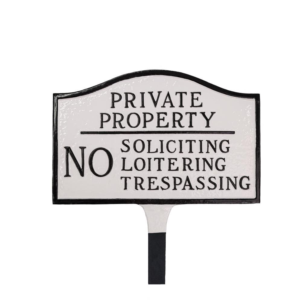 Private Property, No Soliciting, No Loitering Standard Statement Plaque with Lawn Stakes – White/Black - Hercitys