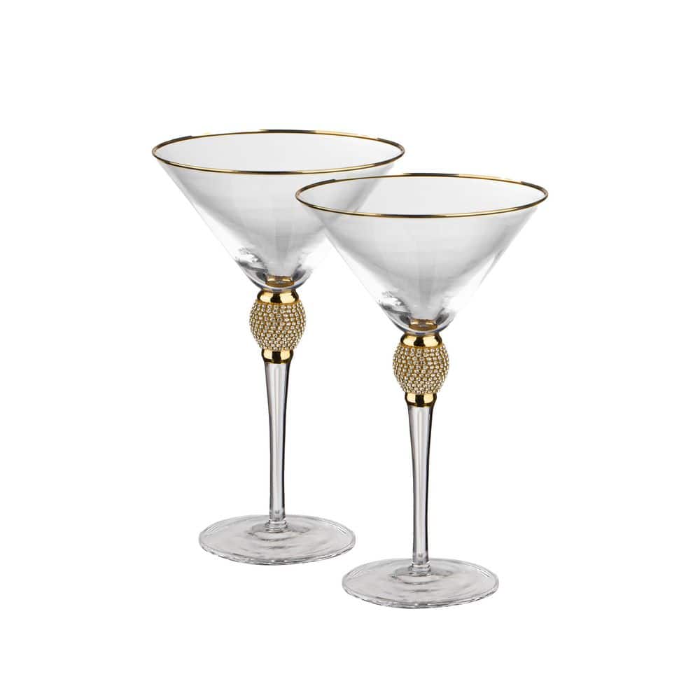 Elegant 10 oz. Martini Glasses with Diamond Rhinestone Accents and a Polished Gold Rim (Set of 2) - Hercitys