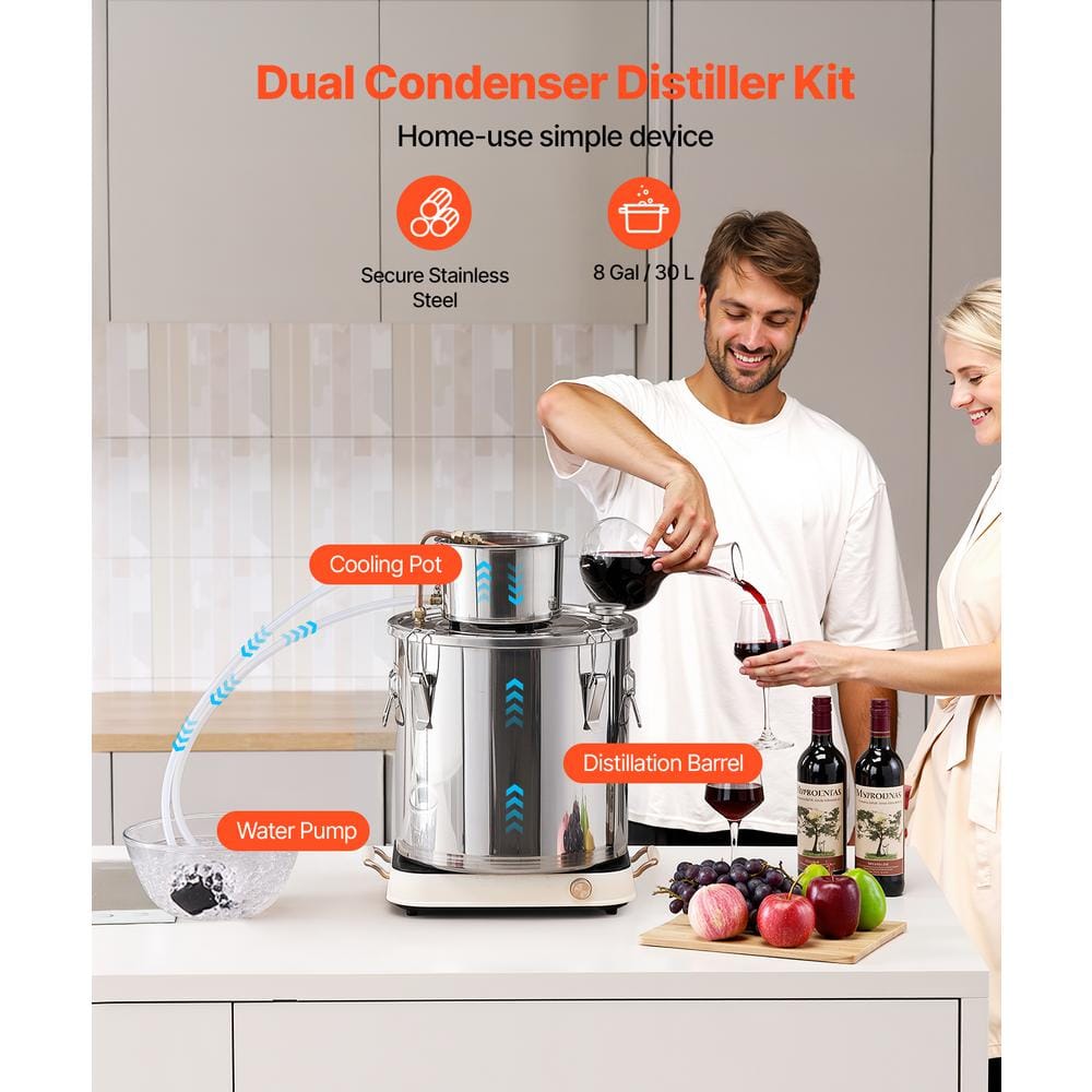 Alcohol Still, 8 Gal. / 30 L Stainless Steel Water Alcohol Distiller, Home Brewing Refining Fermentation Kit, Silver - Hercitys