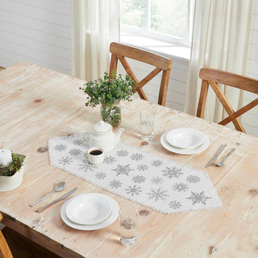 Yuletide 12 in. W x 36 in. H Antique White Silver Gray Seasonal Snowflake Cotton Burlap Table Runner - Hercitys