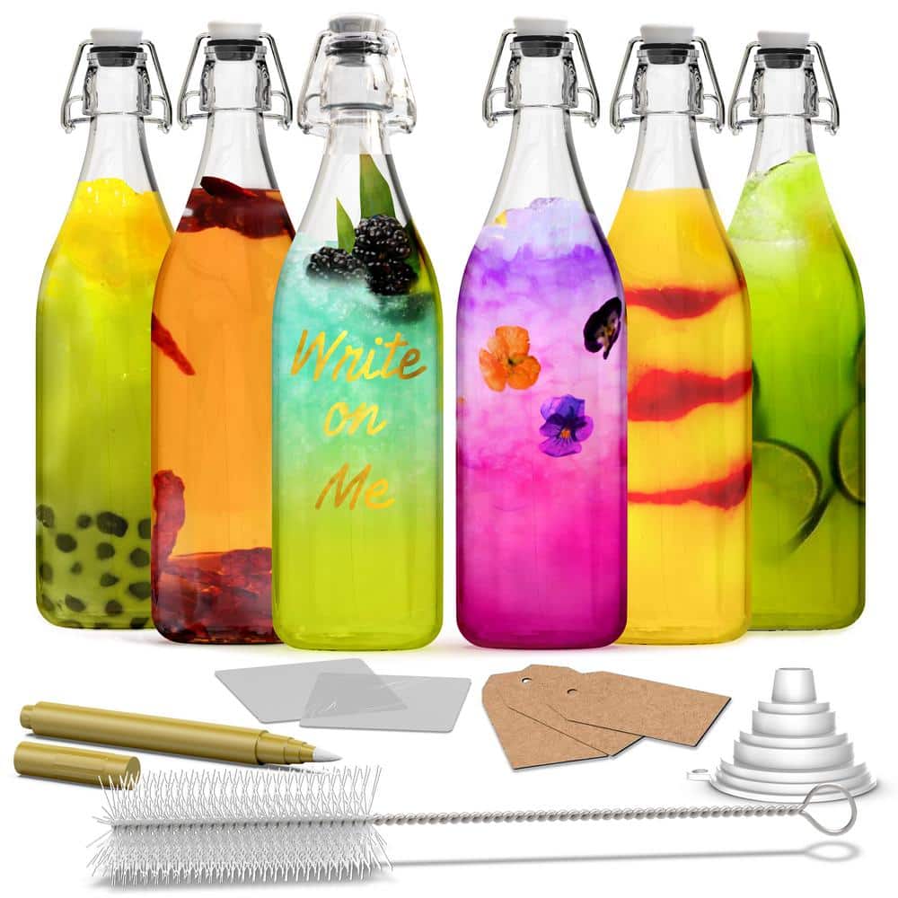 6 Pack 33 oz. Round Glass Bottles with Swing Top Stoppers, Bottle Brush, Funnel, and Gold Glass Marker - Hercitys
