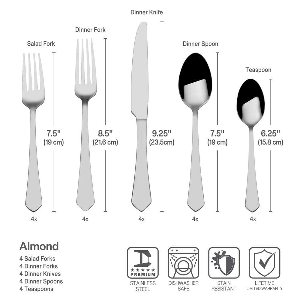Almond 20-pc Flatware Set, Service for 4 Stainless Steel, 18/0 - Hercitys