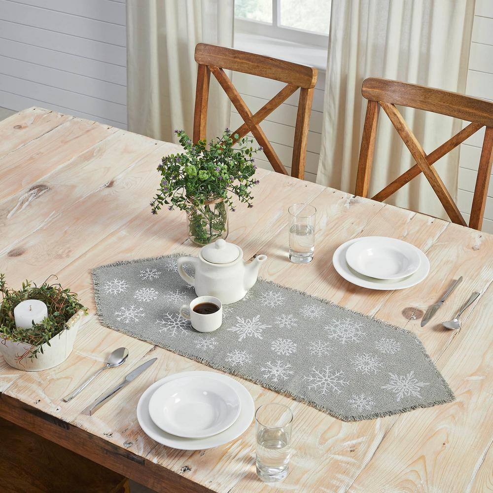 Yuletide 12 in. W x 36 in. H Dove Gray Silver Seasonal Snowflake Cotton Burlap Table Runner - Hercitys