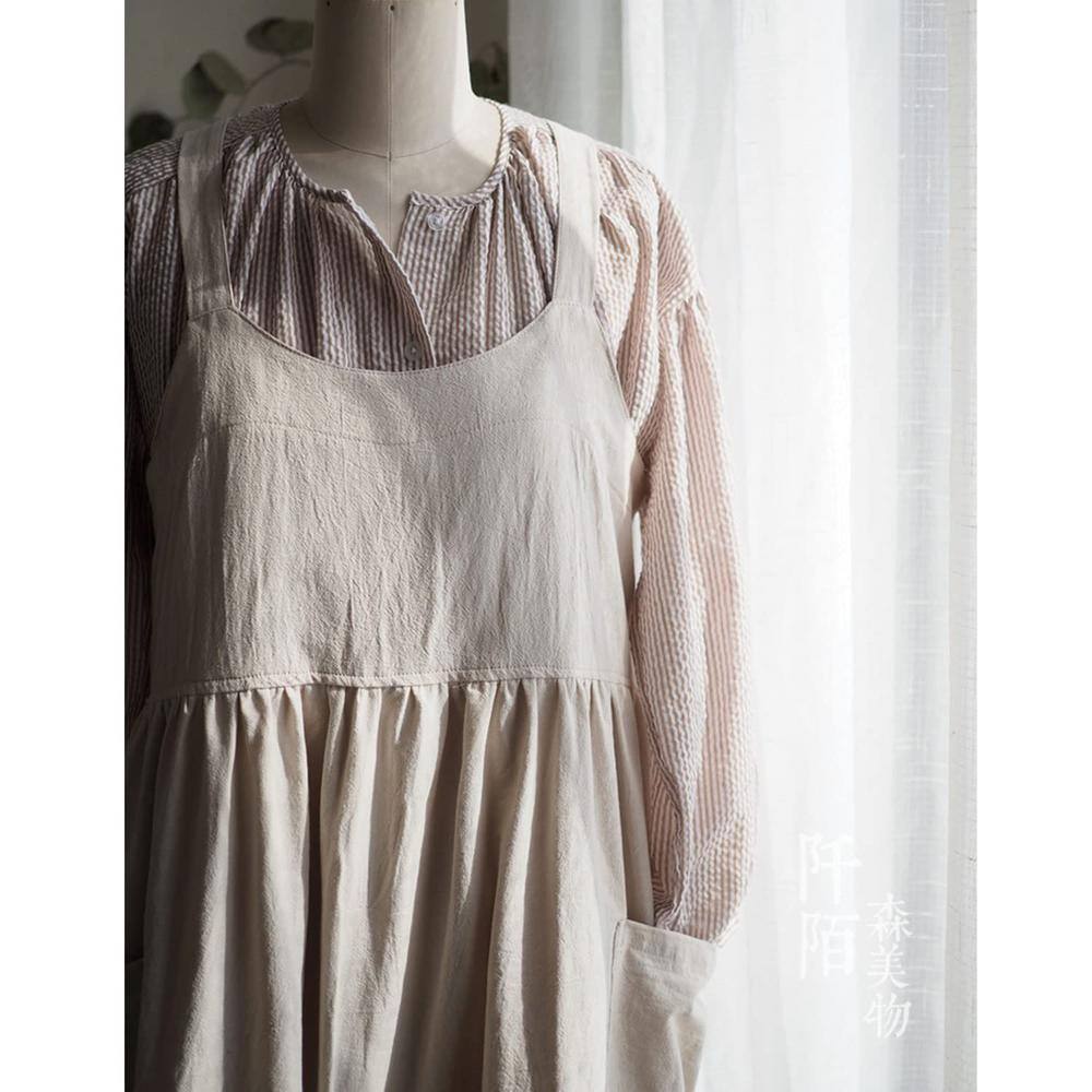 Cross Back Cotton Linen Apron with Pockets for Women, Black and Beige (2-Pack) - Hercitys