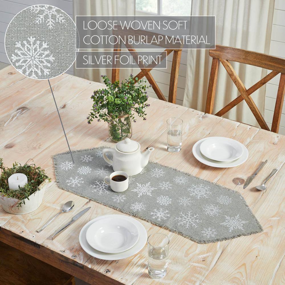 Yuletide 12 in. W x 36 in. H Dove Gray Silver Seasonal Snowflake Cotton Burlap Table Runner - Hercitys