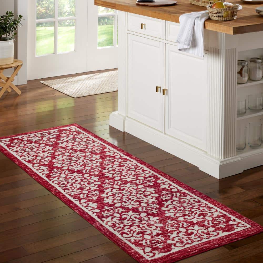 Everyday Walker Damask Medallion Red 24 in. x 72 in. Machine Washable Runner Kitchen Mat - Hercitys