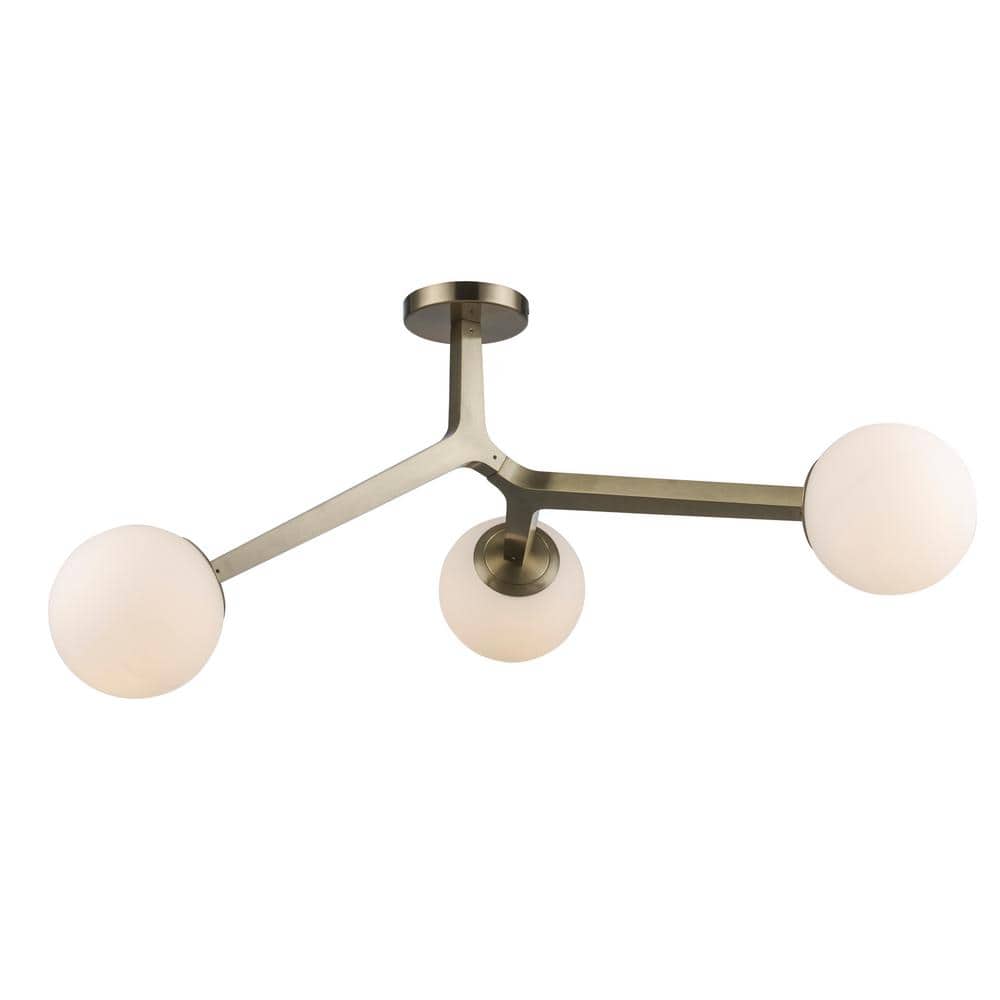 Rebel 31 in. 3-Light Antique Gold Flush Mount Ceiling Light Fixture with White Opal Glass Shades - Hercitys
