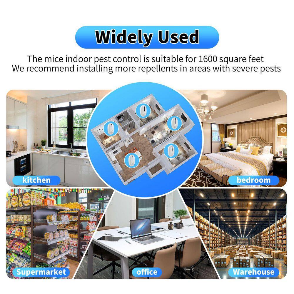 Ultrasonic Mouse, Roach, Spider, Ant, Bugs Repellent for Office, Home, Warehouse, Kitchen, Indoor Repeller, 5-Packs - Hercitys