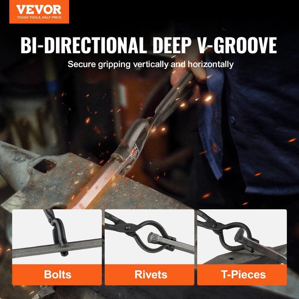 Blacksmith Tongs, 18 in. V-Bit Bolt Tongs, Carbon Steel Forge Tongs with A3 Steel Rivets - Hercitys