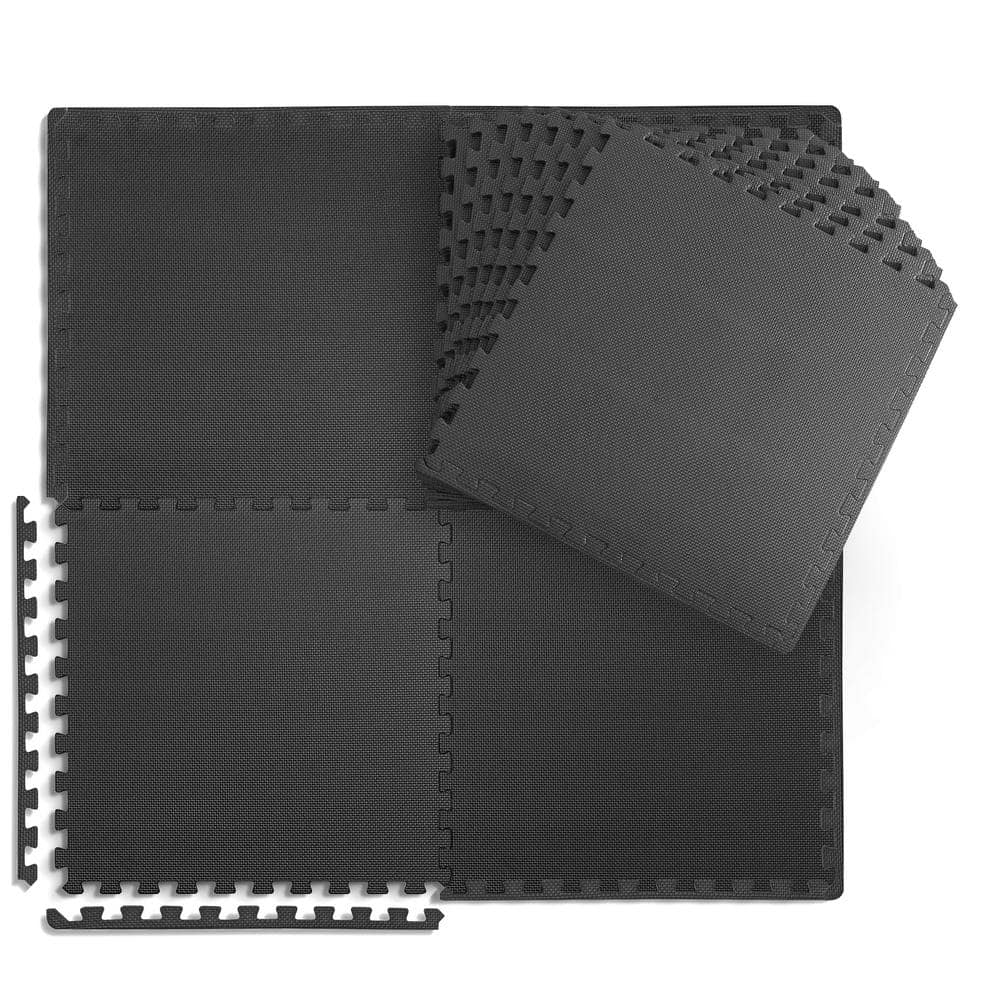 Black 24 in. W x 24 in. L x 0.75 in. Thick EVA Foam Double-Sided T Pattern Gym Flooring Tiles (12 Tiles/Pack 48 sq. ft.) - Hercitys