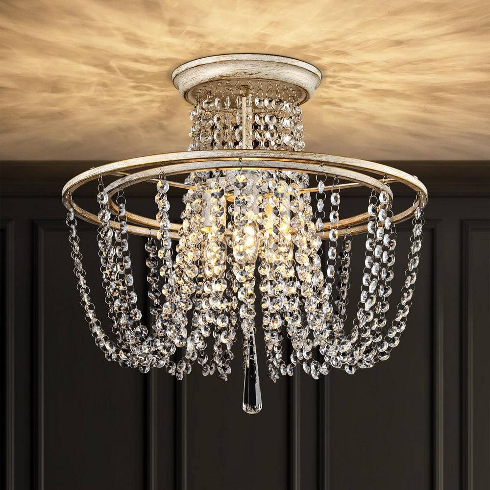Keira 3-Light 17.32 in. Traditional Vintage Antique White Round Crystal Semi-Flush Mount Light - Hercitys