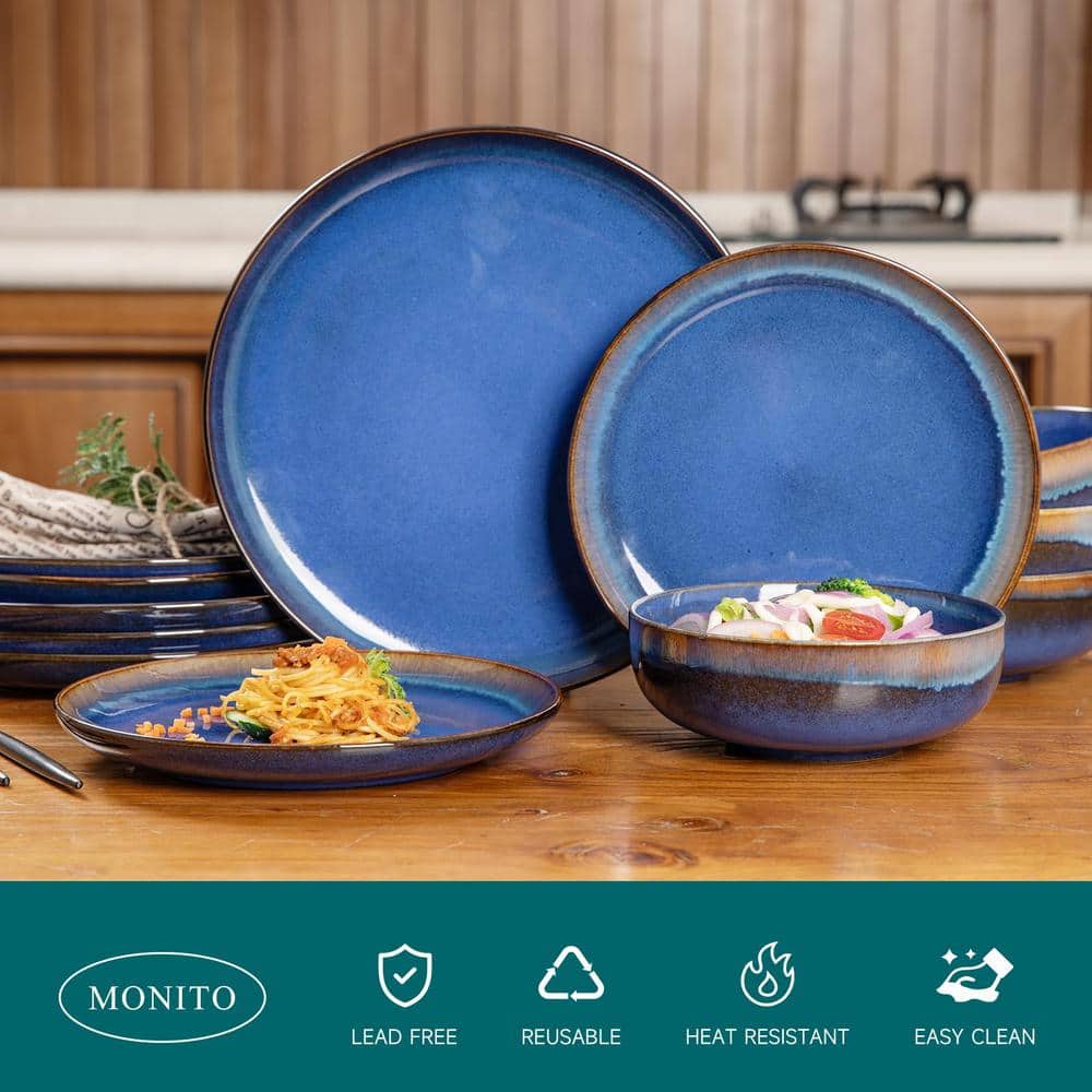 Starry Blue Ceramic Plates and Bowls Microwave and Dishwasher Safe (Set of 12) - Hercitys