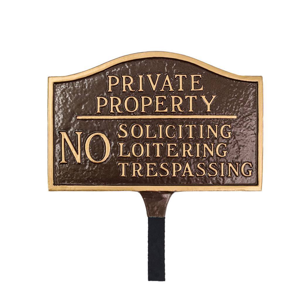 Private Property, No Soliciting, No Loitering Small Statement Plaque with Lawn Stake – Oil Rubbed/Gold - Hercitys