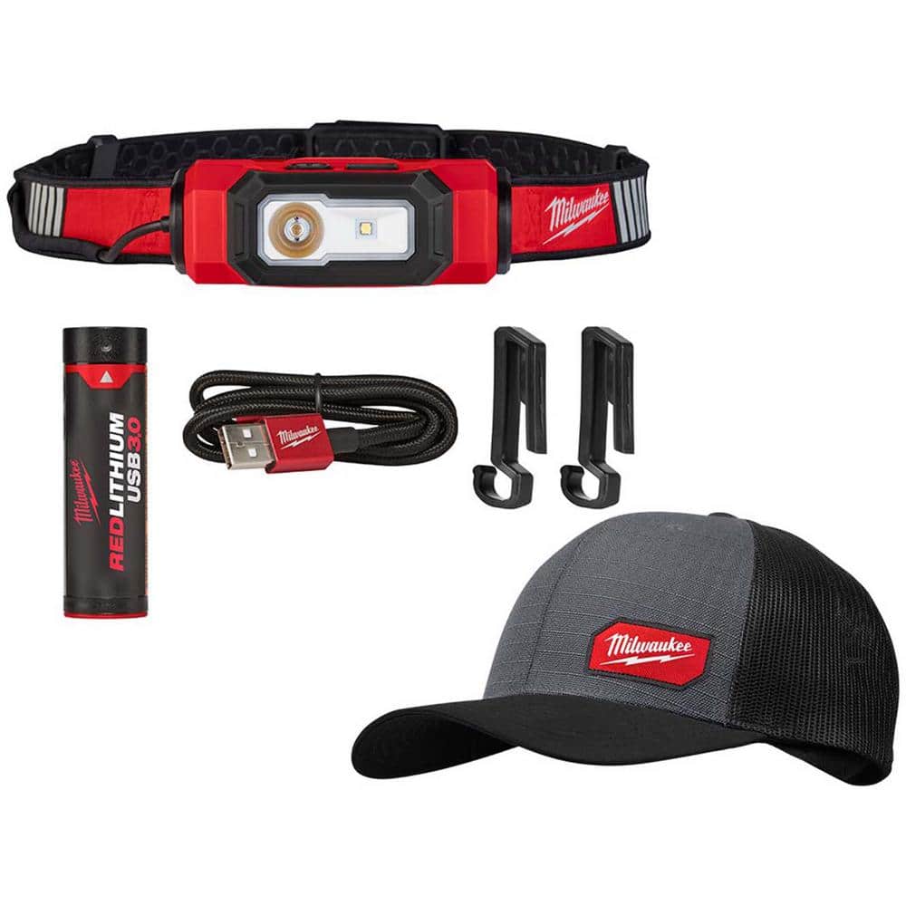 600 Lumens LED REDLITHIUM USB 360-Degree Visibility Hard Hat Headlamp with GRIDIRON Gray Adjustable Fit Trucker Hat - Hercitys