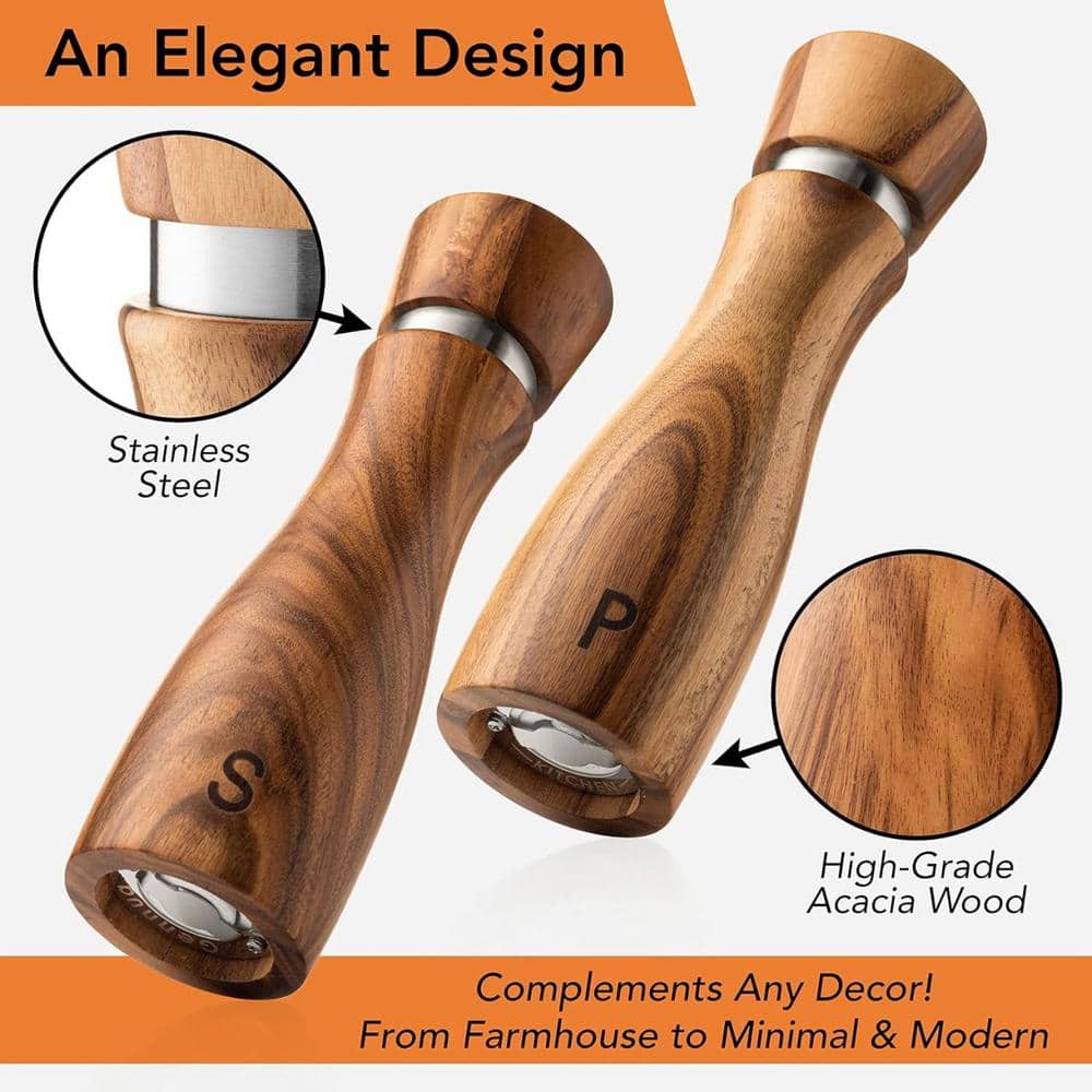 Acacia Wood Salt and Pepper Grinder Set: Adjustable Mills, Ceramic/Stainless Steel Core, 8 Inches - Hercitys