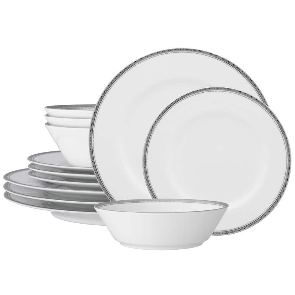 Whiteridge Platinum (White) Porcelain 12-Piece Dinnerware Set, Service For 4 - Hercitys