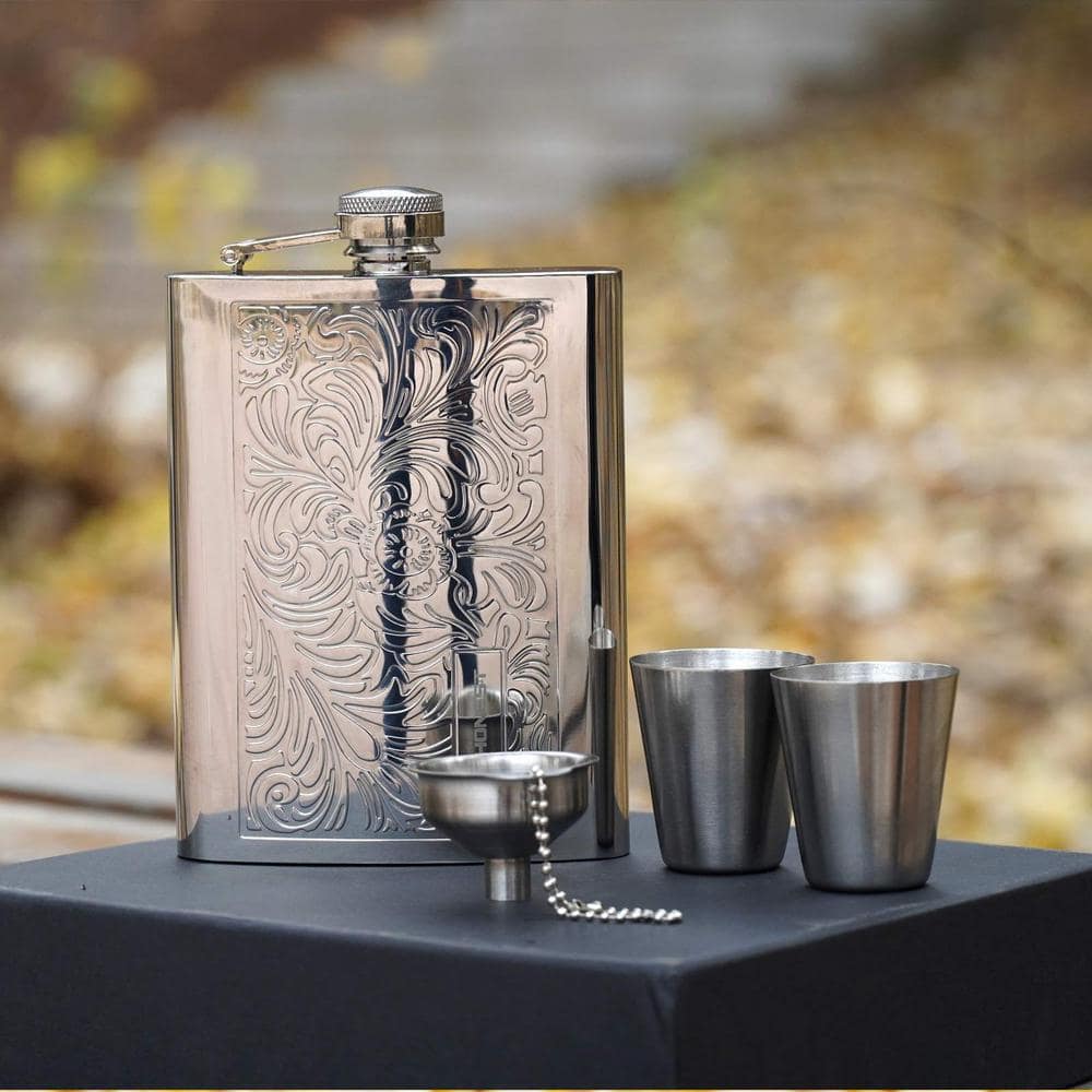 8 oz. Hip Flask Engraved Alcohol Flask Metal Whiskey Flask with Pattern Stainless Steel - Hercitys