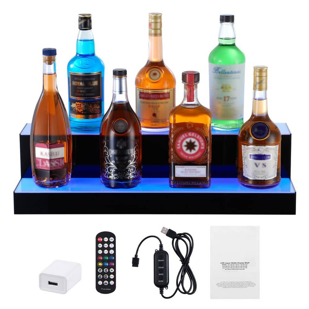 6 in. H x 8 in. W 26-Bottle Multi-Colored Acrylic LED Lighted Liquor Bottle Display, 2-Steps Whiskey Rack Stand - Hercitys