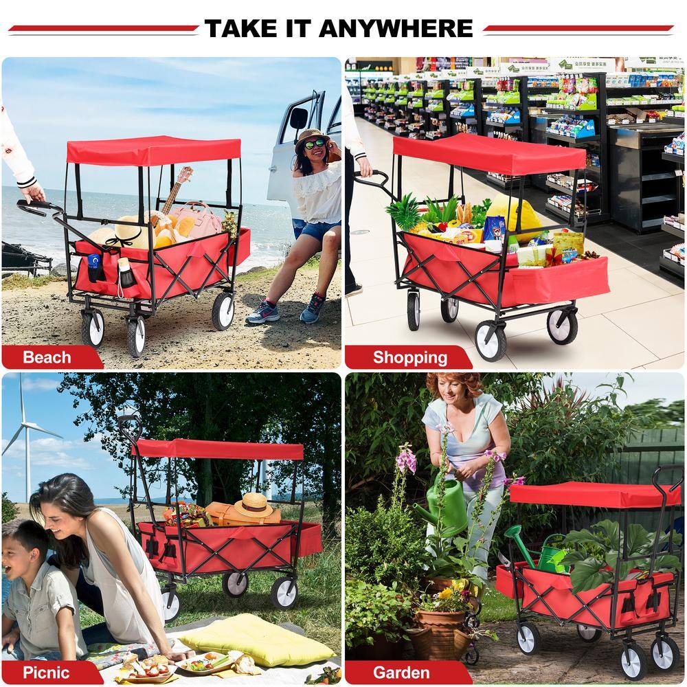 Red Waterproof Foldable 4.6 cu. ft. Steel Garden Cart with an Extra Storage Basket and 2 Mesh Bags - Hercitys