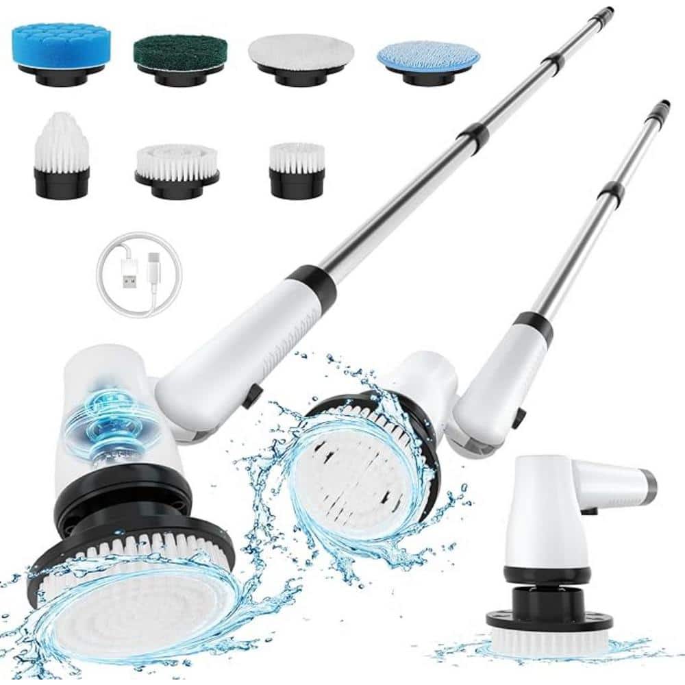 Electric Spin Scrubber Cordless Cleaning Brush with 7 Replaceable Brush Heads and Extendable Handle, Floor Sweeper - Hercitys