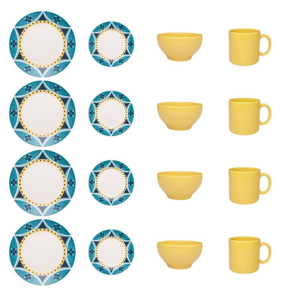 Actual Yellow and Blue 16-Piece Casual Yellow and Blue Earthenware Dinnerware Set (Service for 4) - Hercitys