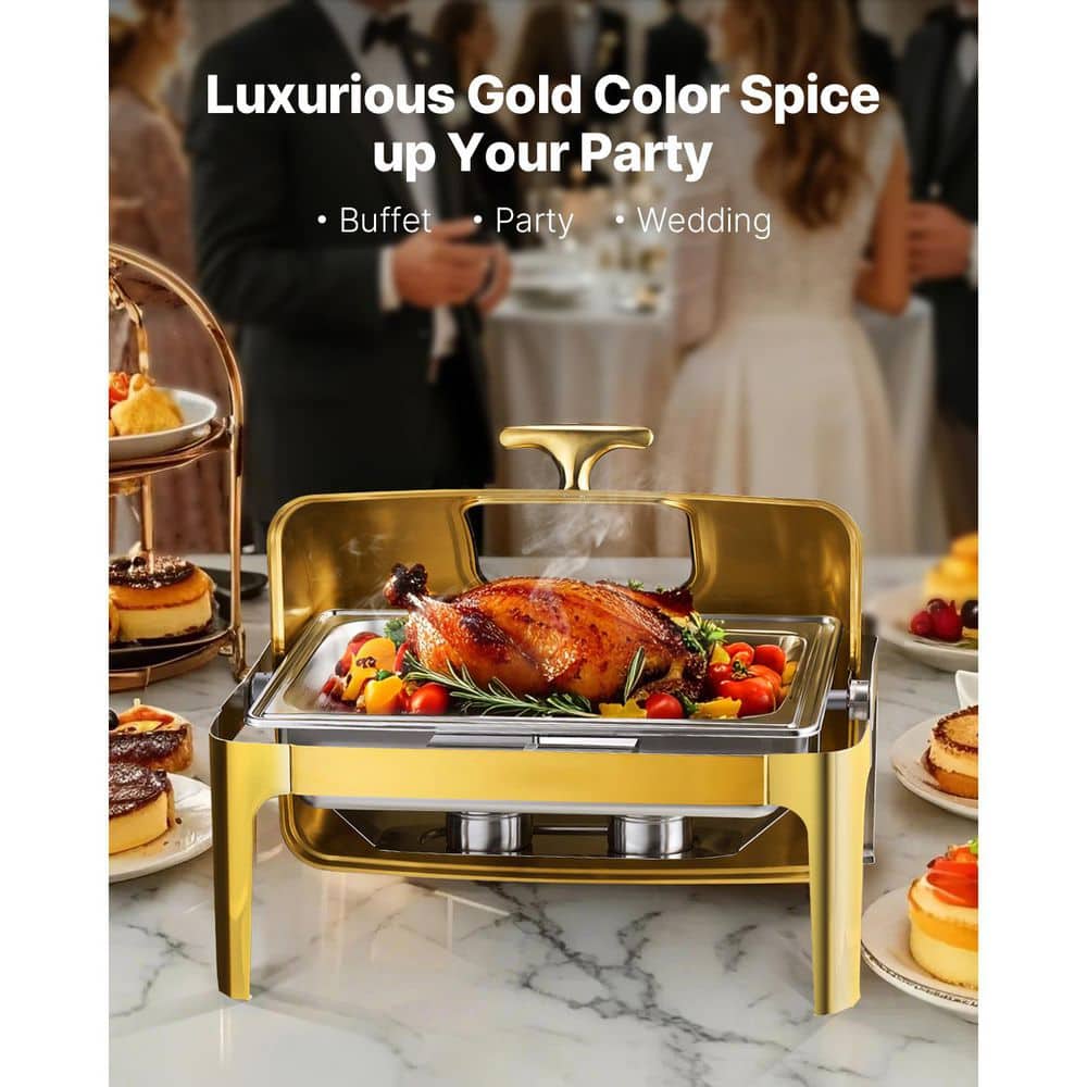 9 qt. Stainless Steel Roll Top Chafing Dish, Rectangle Buffet Warmer with Full Size Pan, Visible Lid, Water Pan - Hercitys