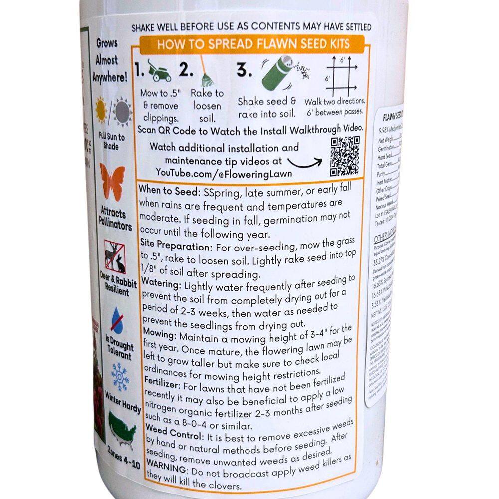 Tricolor Clover Flower Lawn Seed Kit, Easy Spread Shaker, Low Mnt, Alternative Ground Cover, Covers Up to 500 sq. ft. - Hercitys