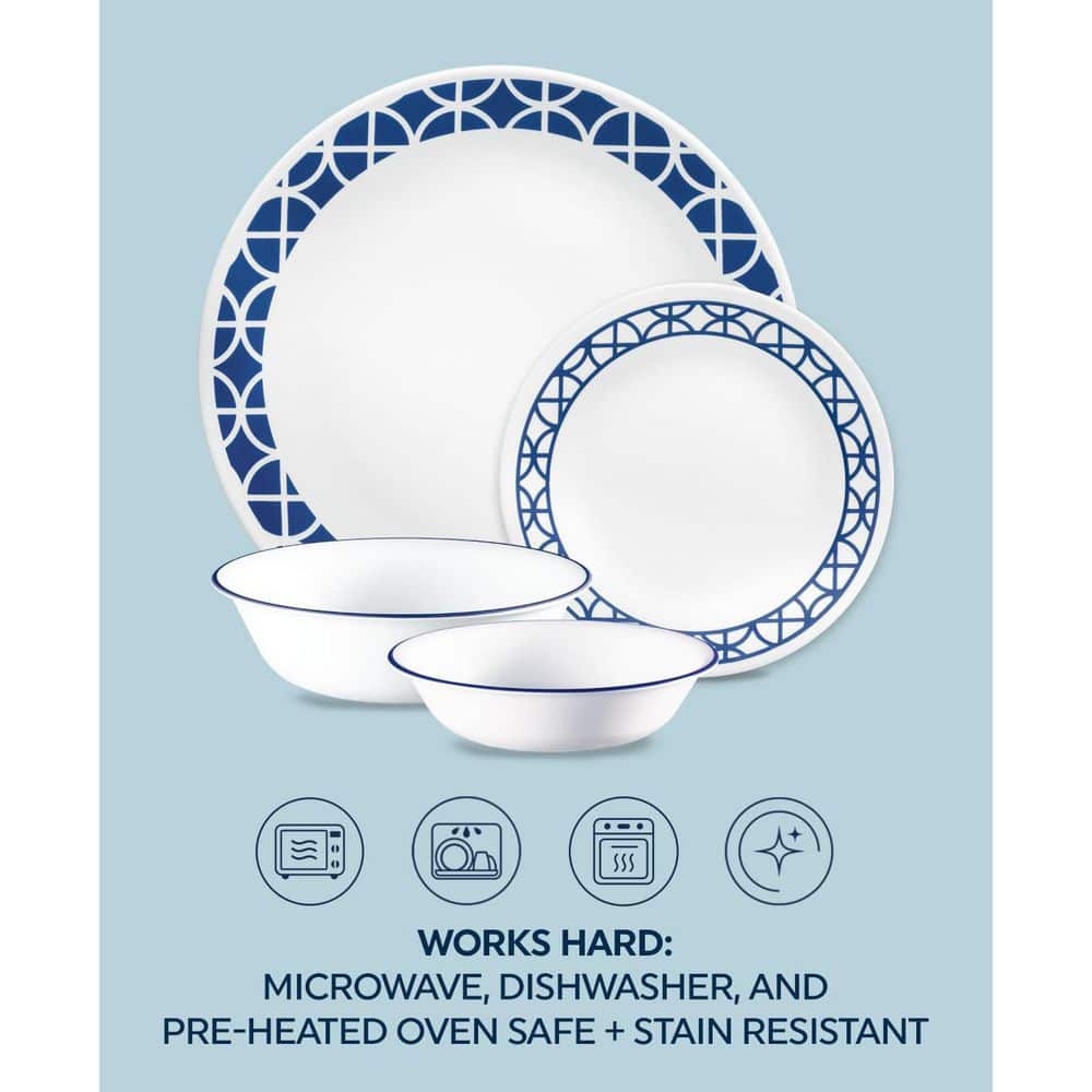 Cobalt Circles 16-Piece Vitrelle Glass Dinnerware Set (Service for 4) in Blue and White - Hercitys