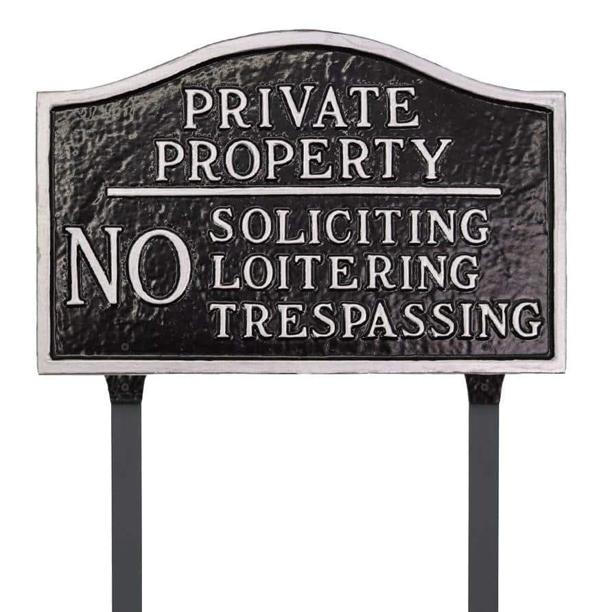Private Property, No Soliciting, No Loitering Standard Statement Plaque with Lawn Stakes – Black/Silver - Hercitys