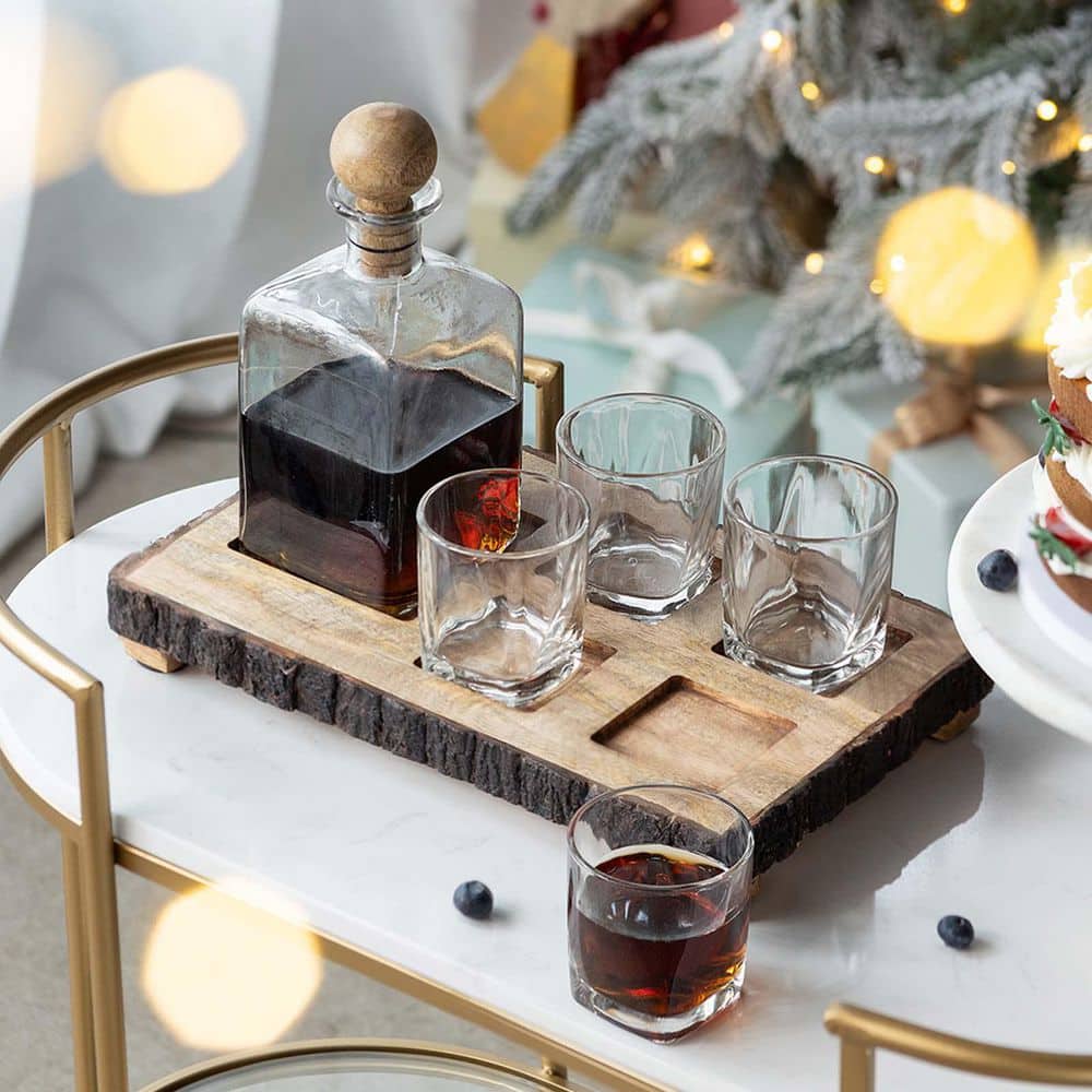 6-Piece Brown Glass Bar Set, Bar Set with Mango Wood Stand - Hercitys