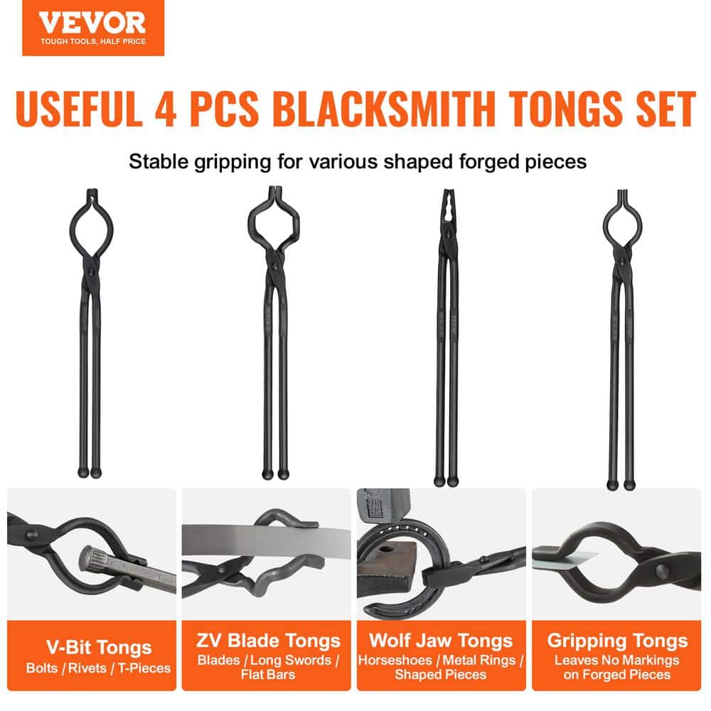 Blacksmith Tongs, 18 in. 4-pieces, V-Bit Bolt Tongs, Wolf Jaw Tongs, Z V-Bit Tongs and Gripping Tongs - Hercitys