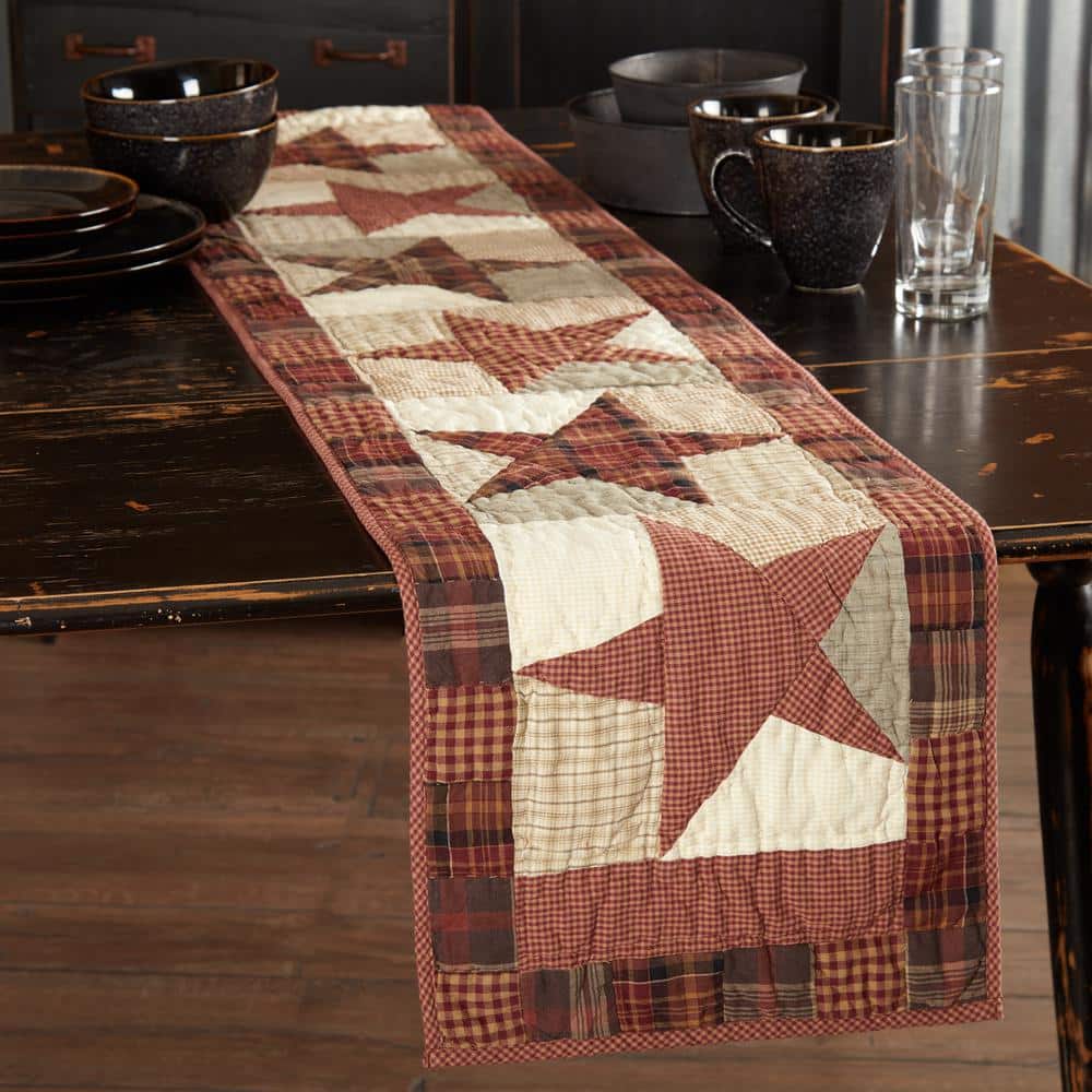 Abilene Star 13 in. W x 72 in. L Multi Burgundy Tan Dark Brown Primitive Star Geometric Quilted Cotton Table Runner - Hercitys