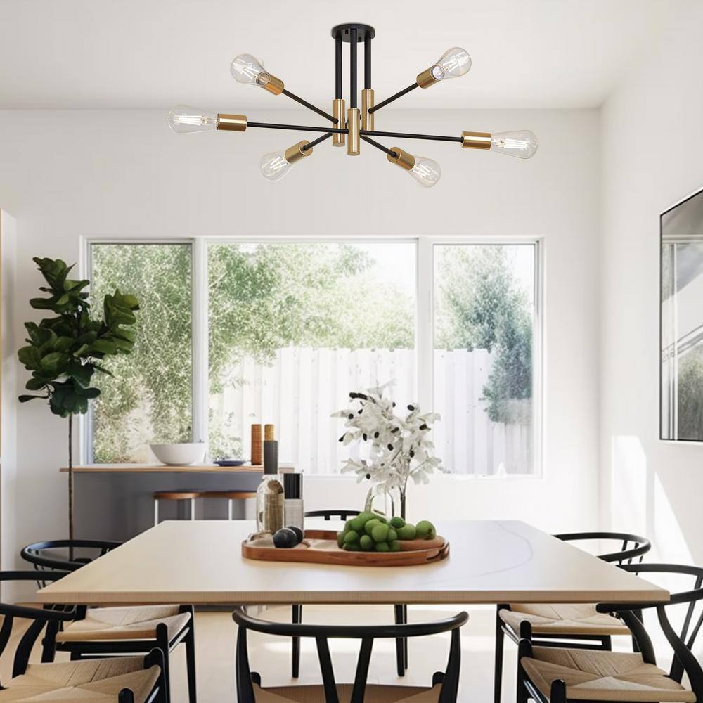 Unique Modern Sputnik 32.7 In. 6-Light Black Semi- Flush Mount with Aged Brass Socket Cups and No Bulb Included 1-Pack - Hercitys